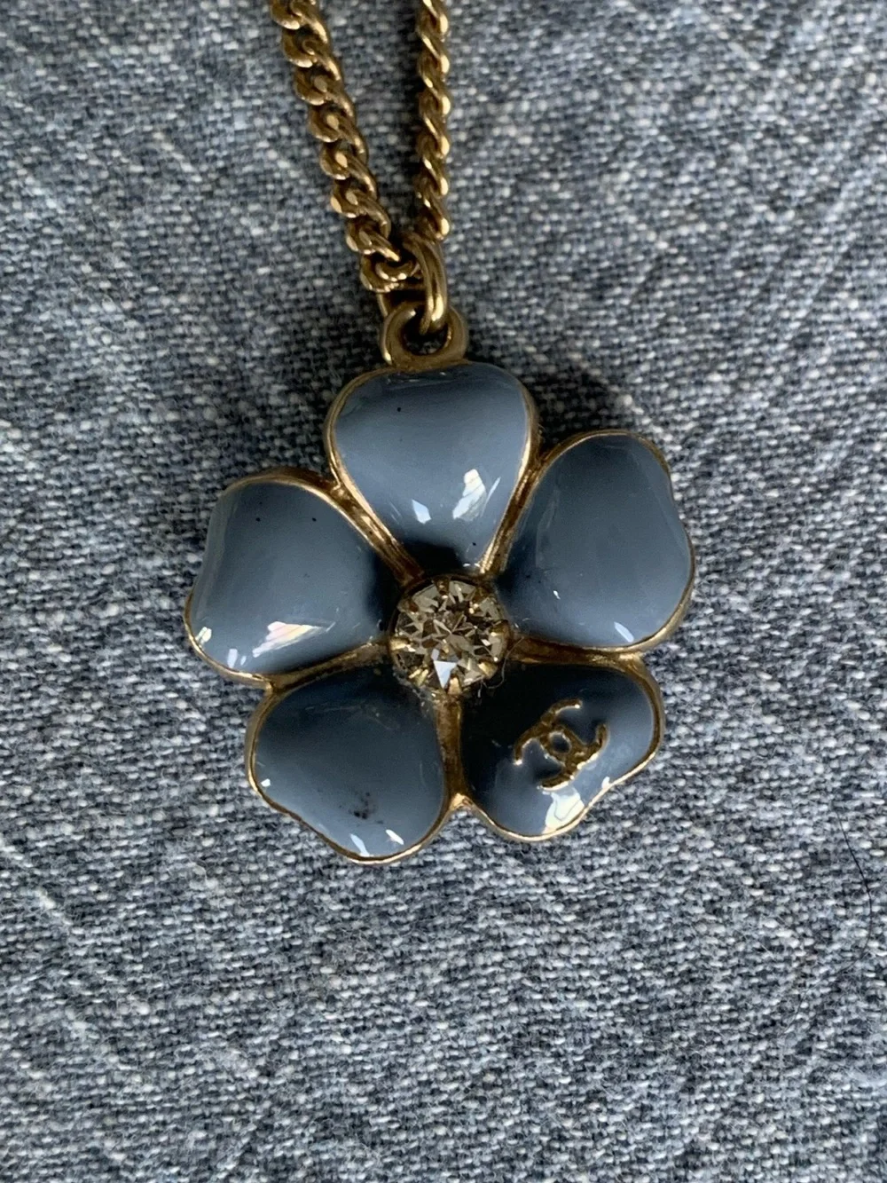 Chanel Vintage Blue Enamel Camellia Flower Crystal Pendent Necklace